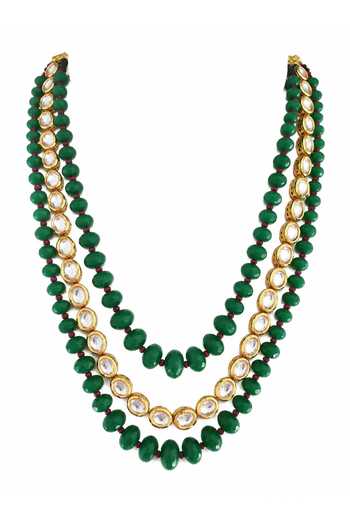 Vivinia By Vidhi Mehra Three-Layered Kundan Green Beaded Mala 