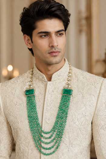 Vivinia By Vidhi Mehra Layered Jade Green Beaded Kundan Mala 