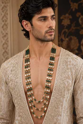 Vivinia By Vidhi Mehra Three-Layer Green Beaded Kundan Mala 