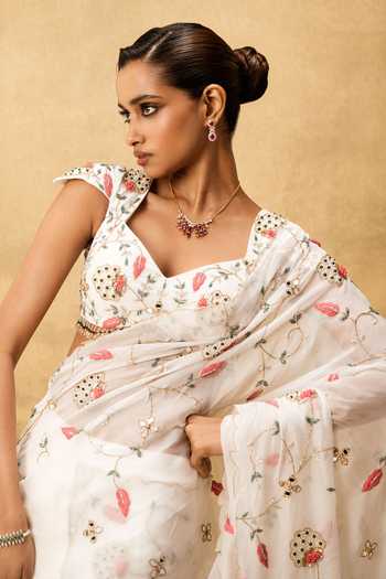 Quench A Thirst Ivory Organza, Taffeta Sweetheart Neck Pre-stitched Hand Embroidered Saree Set Online at Aza Fashions Quench A Thirst_Ivory Organza, Taffeta Sweetheart Neck Pre-stitched Hand Embroidered Saree Set _Online_at_Aza_Fashions