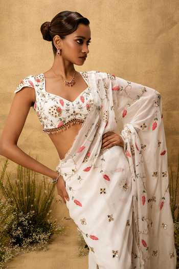 Shop Quench A Thirst Ivory Organza, Taffeta Sweetheart Neck Pre-stitched Hand Embroidered Saree Set Online at Aza Fashions Shop_Quench A Thirst_Ivory Organza, Taffeta Sweetheart Neck Pre-stitched Hand Embroidered Saree Set _Online_at_Aza_Fashions