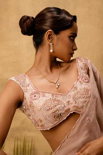 Quench A Thirst Pink Organza Square Neck Hand Embroidered Pre-stitched Saree And Blouse Set Online at Aza Fashions Quench A Thirst_Pink Organza Square Neck Hand Embroidered Pre-stitched Saree And Blouse Set _Online_at_Aza_Fashions