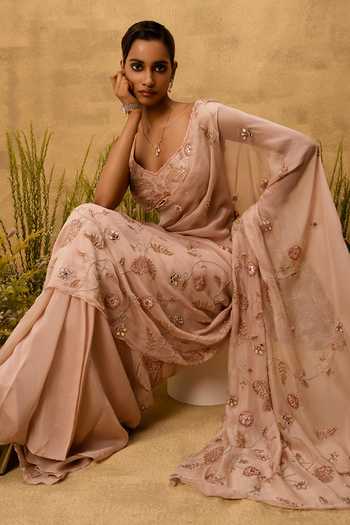 Buy Quench A Thirst Pink Organza Square Neck Hand Embroidered Pre-stitched Saree And Blouse Set Online at Aza Fashions Buy_Quench A Thirst_Pink Organza Square Neck Hand Embroidered Pre-stitched Saree And Blouse Set _Online_at_Aza_Fashions