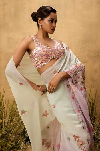Quench A Thirst Multi Color Organza V-neck Hand Embroidered Pre-draped Saree And Blouse Set Online at Aza Fashions Quench A Thirst_Multi Color Organza V-neck Hand Embroidered Pre-draped Saree And Blouse Set _Online_at_Aza_Fashions