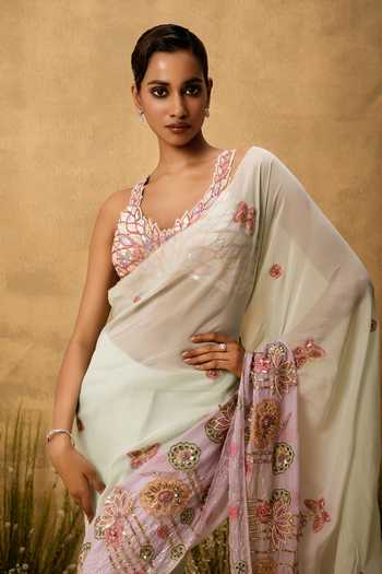 Buy Quench A Thirst Multi Color Organza V-neck Hand Embroidered Pre-draped Saree And Blouse Set Online at Aza Fashions Buy_Quench A Thirst_Multi Color Organza V-neck Hand Embroidered Pre-draped Saree And Blouse Set _Online_at_Aza_Fashions