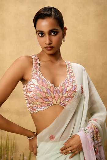 Shop Quench A Thirst Multi Color Organza V-neck Hand Embroidered Pre-draped Saree And Blouse Set Online at Aza Fashions Shop_Quench A Thirst_Multi Color Organza V-neck Hand Embroidered Pre-draped Saree And Blouse Set _Online_at_Aza_Fashions