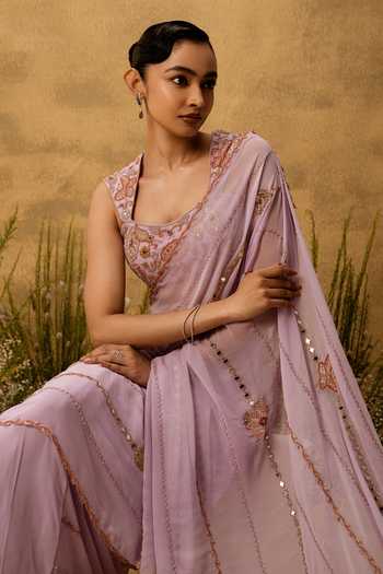 Quench A Thirst Purple Georgette Square Neck Hand Embroidered Pre-stitched Saree With Blouse Online at Aza Fashions Quench A Thirst_Purple Georgette Square Neck Hand Embroidered Pre-stitched Saree With Blouse _Online_at_Aza_Fashions