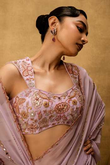 Buy Quench A Thirst Purple Georgette Square Neck Hand Embroidered Pre-stitched Saree With Blouse Online at Aza Fashions Buy_Quench A Thirst_Purple Georgette Square Neck Hand Embroidered Pre-stitched Saree With Blouse _Online_at_Aza_Fashions