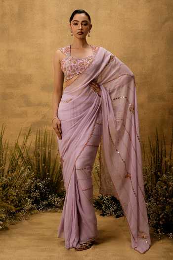 Shop Quench A Thirst Purple Georgette Square Neck Hand Embroidered Pre-stitched Saree With Blouse Online at Aza Fashions Shop_Quench A Thirst_Purple Georgette Square Neck Hand Embroidered Pre-stitched Saree With Blouse _Online_at_Aza_Fashions
