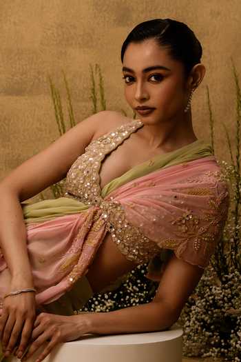 Quench A Thirst Multi Color Georgette, Taffeta V-neck Ombre Pre-draped Saree And Blouse Set Online at Aza Fashions Quench A Thirst_Multi Color Georgette, Taffeta V-neck Ombre Pre-draped Saree And Blouse Set _Online_at_Aza_Fashions