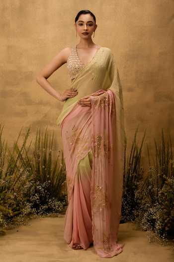 Shop Quench A Thirst Multi Color Georgette, Taffeta V-neck Ombre Pre-draped Saree And Blouse Set Online at Aza Fashions Shop_Quench A Thirst_Multi Color Georgette, Taffeta V-neck Ombre Pre-draped Saree And Blouse Set _Online_at_Aza_Fashions