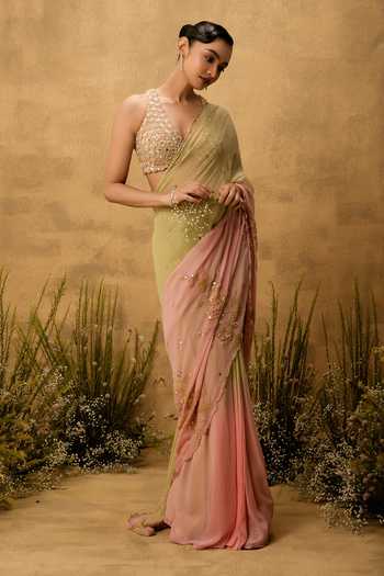 Quench A Thirst Multi Color Georgette, Taffeta V-neck Ombre Pre-draped Saree And Blouse Set at Aza Fashions Quench A Thirst_Multi Color Georgette, Taffeta V-neck Ombre Pre-draped Saree And Blouse Set _at_Aza_Fashions