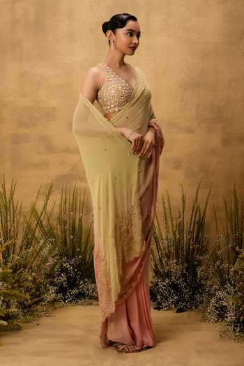 Buy Quench A Thirst Multi Color Georgette, Taffeta V-neck Ombre Pre-draped Saree And Blouse Set Buy_Quench A Thirst_Multi Color Georgette, Taffeta V-neck Ombre Pre-draped Saree And Blouse Set