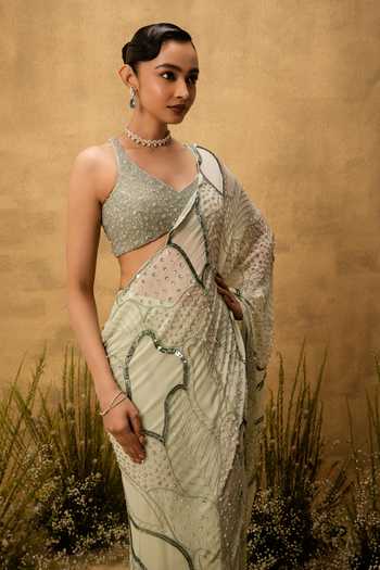Buy Quench A Thirst Green Georgette V-neck Hand Embroidered Pre-draped Saree And Blouse Set Online at Aza Fashions Buy_Quench A Thirst_Green Georgette V-neck Hand Embroidered Pre-draped Saree And Blouse Set _Online_at_Aza_Fashions