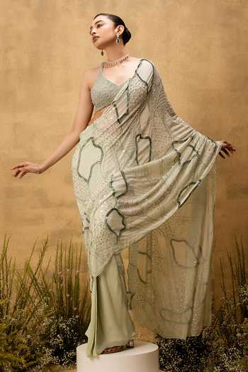 Shop Quench A Thirst Green Georgette V-neck Hand Embroidered Pre-draped Saree And Blouse Set Online at Aza Fashions Shop_Quench A Thirst_Green Georgette V-neck Hand Embroidered Pre-draped Saree And Blouse Set _Online_at_Aza_Fashions