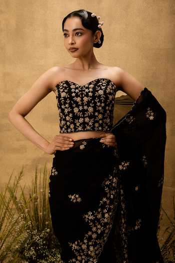 Buy Quench A Thirst Black Organza, Taffeta Hand Embroidered Pre-stitched Saree With Blouse Online at Aza Fashions Buy_Quench A Thirst_Black Organza, Taffeta Hand Embroidered Pre-stitched Saree With Blouse _Online_at_Aza_Fashions