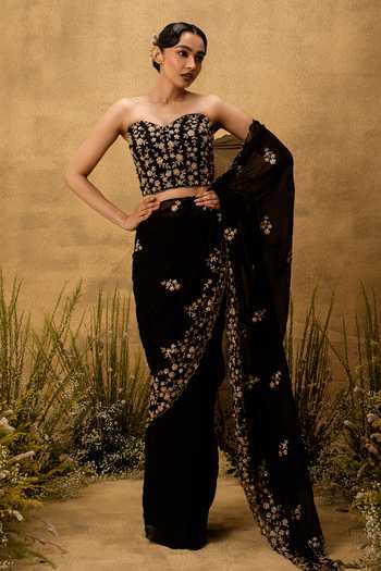 Shop Quench A Thirst Black Organza, Taffeta Hand Embroidered Pre-stitched Saree With Blouse Shop_Quench A Thirst_Black Organza, Taffeta Hand Embroidered Pre-stitched Saree With Blouse