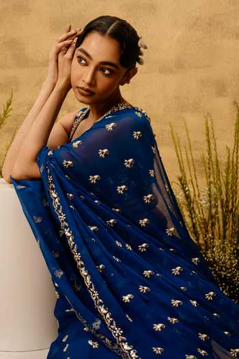 Quench A Thirst Blue Georgette Sweetheart Neck Hand Embroidered Pre-stitched Saree And Blouse Set Online at Aza Fashions Quench A Thirst_Blue Georgette Sweetheart Neck Hand Embroidered Pre-stitched Saree And Blouse Set _Online_at_Aza_Fashions