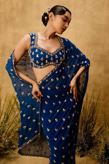 Shop Quench A Thirst Blue Georgette Sweetheart Neck Hand Embroidered Pre-stitched Saree And Blouse Set Online at Aza Fashions Shop_Quench A Thirst_Blue Georgette Sweetheart Neck Hand Embroidered Pre-stitched Saree And Blouse Set _Online_at_Aza_Fashions