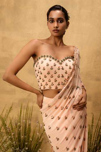 Quench A Thirst Peach Georgette Sweetheart Neck Hand Embroidered Blouse With Pre-stitched Saree Online at Aza Fashions Quench A Thirst_Peach Georgette Sweetheart Neck Hand Embroidered Blouse With Pre-stitched Saree _Online_at_Aza_Fashions