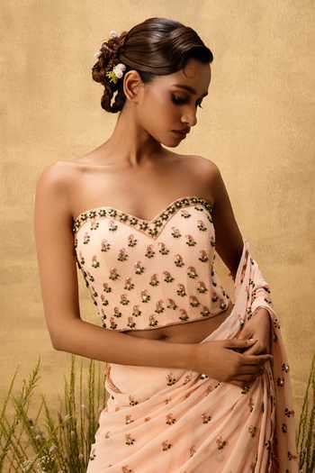 Buy Quench A Thirst Peach Georgette Sweetheart Neck Hand Embroidered Blouse With Pre-stitched Saree Online at Aza Fashions Buy_Quench A Thirst_Peach Georgette Sweetheart Neck Hand Embroidered Blouse With Pre-stitched Saree _Online_at_Aza_Fashions