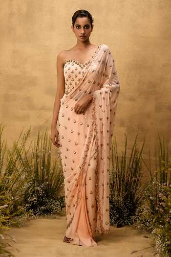 Shop Quench A Thirst Peach Georgette Sweetheart Neck Hand Embroidered Blouse With Pre-stitched Saree Online at Aza Fashions Shop_Quench A Thirst_Peach Georgette Sweetheart Neck Hand Embroidered Blouse With Pre-stitched Saree _Online_at_Aza_Fashions