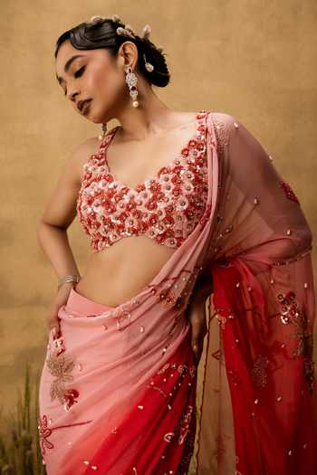 Quench A Thirst Pink Organza Sweetheart Neck Hand Embroidered Ombre Pre-draped Saree Set Online at Aza Fashions Quench A Thirst_Pink Organza Sweetheart Neck Hand Embroidered Ombre Pre-draped Saree Set _Online_at_Aza_Fashions