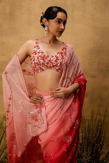 Buy Quench A Thirst Pink Organza Sweetheart Neck Hand Embroidered Ombre Pre-draped Saree Set Online at Aza Fashions Buy_Quench A Thirst_Pink Organza Sweetheart Neck Hand Embroidered Ombre Pre-draped Saree Set _Online_at_Aza_Fashions