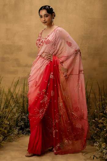Shop Quench A Thirst Pink Organza Sweetheart Neck Hand Embroidered Ombre Pre-draped Saree Set Online at Aza Fashions Shop_Quench A Thirst_Pink Organza Sweetheart Neck Hand Embroidered Ombre Pre-draped Saree Set _Online_at_Aza_Fashions