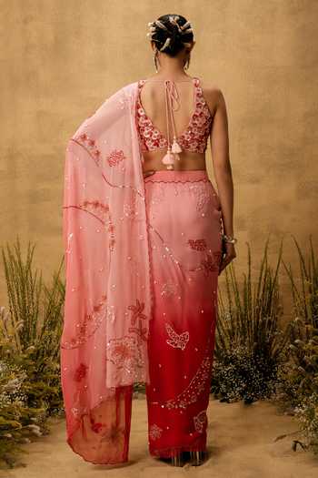 Quench A Thirst Hand Embroidered Ombre Pre-Draped Saree Set