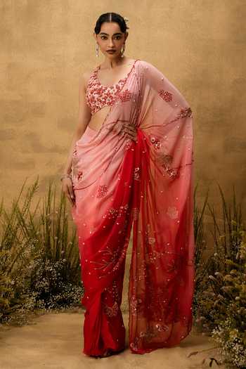 Quench A Thirst Hand Embroidered Ombre Pre-Draped Saree Set