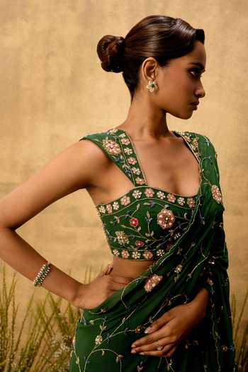 Quench A Thirst Emerald Green Georgette, Taffeta Embroidered Pre-stitched Saree With Blouse Online at Aza Fashions Quench A Thirst_Emerald Green Georgette, Taffeta Embroidered Pre-stitched Saree With Blouse _Online_at_Aza_Fashions