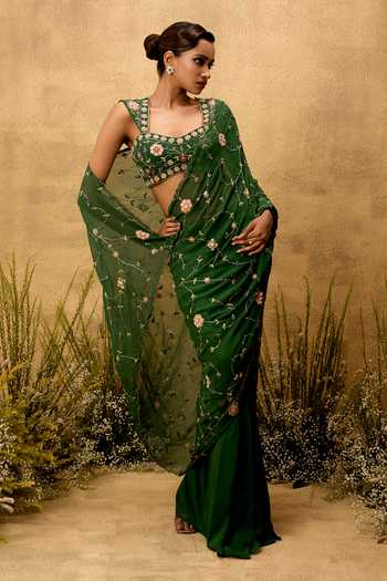 Shop Quench A Thirst Emerald Green Georgette, Taffeta Embroidered Pre-stitched Saree With Blouse Online at Aza Fashions Shop_Quench A Thirst_Emerald Green Georgette, Taffeta Embroidered Pre-stitched Saree With Blouse _Online_at_Aza_Fashions