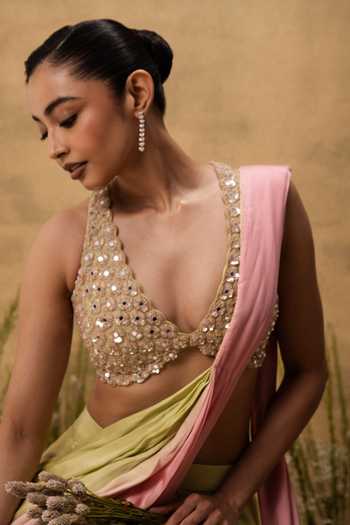 Quench A Thirst Gold Satin, Modal Sweetheart Neck Embroidered Pre-draped Saree With Blouse Online at Aza Fashions Quench A Thirst_Gold Satin, Modal Sweetheart Neck Embroidered Pre-draped Saree With Blouse _Online_at_Aza_Fashions