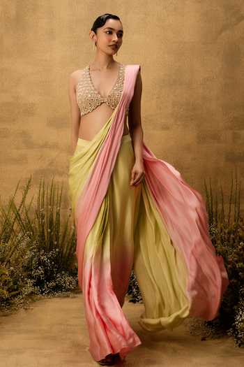 Quench A Thirst Gold Satin, Modal Sweetheart Neck Embroidered Pre-draped Saree With Blouse at Aza Fashions Quench A Thirst_Gold Satin, Modal Sweetheart Neck Embroidered Pre-draped Saree With Blouse _at_Aza_Fashions