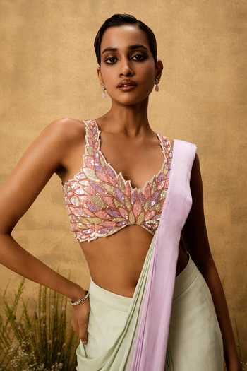 Quench A Thirst Multi Color Satin, Modal, Hand Embroidered Pre-stitched Saree With Blouse Online at Aza Fashions Quench A Thirst_Multi Color Satin, Modal, Hand Embroidered Pre-stitched Saree With Blouse _Online_at_Aza_Fashions