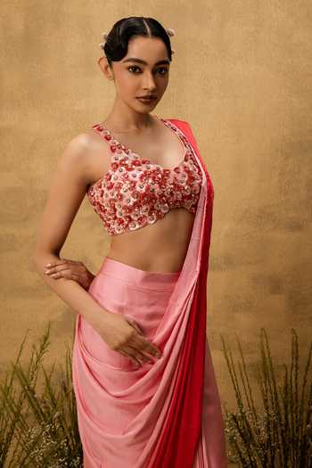 Quench A Thirst Pink Modal, Taffeta, Satin V-neck Ombre Pre-draped Saree With Blouse Online at Aza Fashions Quench A Thirst_Pink Modal, Taffeta, Satin V-neck Ombre Pre-draped Saree With Blouse _Online_at_Aza_Fashions