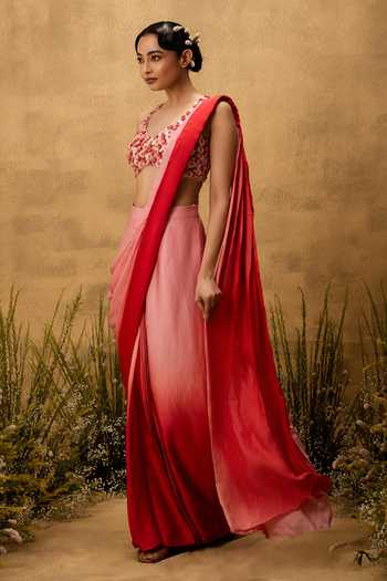 Shop Quench A Thirst Pink Modal, Taffeta, Satin V-neck Ombre Pre-draped Saree With Blouse Online at Aza Fashions Shop_Quench A Thirst_Pink Modal, Taffeta, Satin V-neck Ombre Pre-draped Saree With Blouse _Online_at_Aza_Fashions