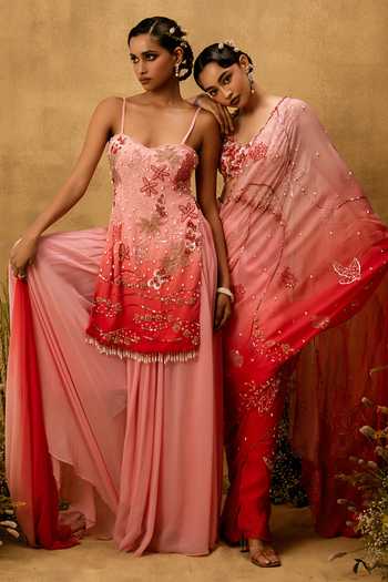 Quench A Thirst Pink Modal, Taffeta, Satin V-neck Ombre Pre-draped Saree With Blouse at Aza Fashions Quench A Thirst_Pink Modal, Taffeta, Satin V-neck Ombre Pre-draped Saree With Blouse _at_Aza_Fashions