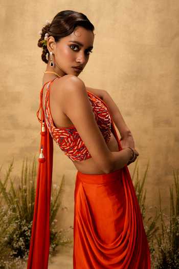 Quench A Thirst Orange Satin, Modal Scoop Neck Pre-stitched Saree With Embroidered Blouse Online at Aza Fashions Quench A Thirst_Orange Satin, Modal Scoop Neck Pre-stitched Saree With Embroidered Blouse _Online_at_Aza_Fashions