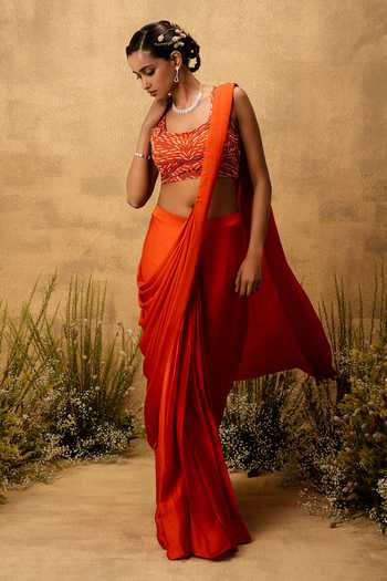 Buy Quench A Thirst Orange Satin, Modal Scoop Neck Pre-stitched Saree With Embroidered Blouse Online at Aza Fashions Buy_Quench A Thirst_Orange Satin, Modal Scoop Neck Pre-stitched Saree With Embroidered Blouse _Online_at_Aza_Fashions