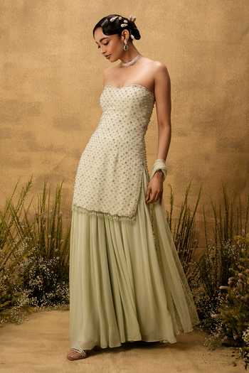 Quench A Thirst Green Georgette, Net Bandeau Neck Hand Embroidered Kurta Sharara Set Online at Aza Fashions Quench A Thirst_Green Georgette, Net Bandeau Neck Hand Embroidered Kurta Sharara Set _Online_at_Aza_Fashions