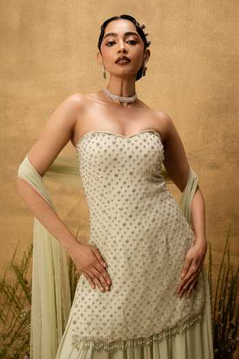 Shop Quench A Thirst Green Georgette, Net Bandeau Neck Hand Embroidered Kurta Sharara Set Online at Aza Fashions Shop_Quench A Thirst_Green Georgette, Net Bandeau Neck Hand Embroidered Kurta Sharara Set _Online_at_Aza_Fashions