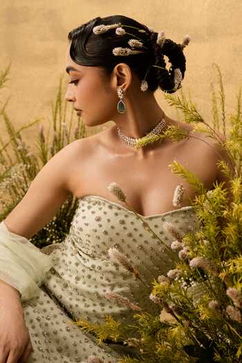 Quench A Thirst Green Georgette, Net Bandeau Neck Hand Embroidered Kurta Sharara Set at Aza Fashions Quench A Thirst_Green Georgette, Net Bandeau Neck Hand Embroidered Kurta Sharara Set _at_Aza_Fashions