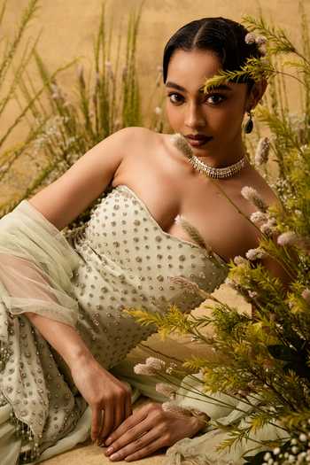 Buy Quench A Thirst Green Georgette, Net Bandeau Neck Hand Embroidered Kurta Sharara Set Buy_Quench A Thirst_Green Georgette, Net Bandeau Neck Hand Embroidered Kurta Sharara Set