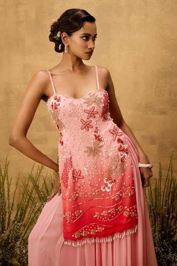 Buy Quench A Thirst Pink Georgette, Taffeta Sweetheart Neck, Yes Hand Embroidered Kurta Set Online at Aza Fashions Buy_Quench A Thirst_Pink Georgette, Taffeta Sweetheart Neck, Yes Hand Embroidered Kurta Set _Online_at_Aza_Fashions