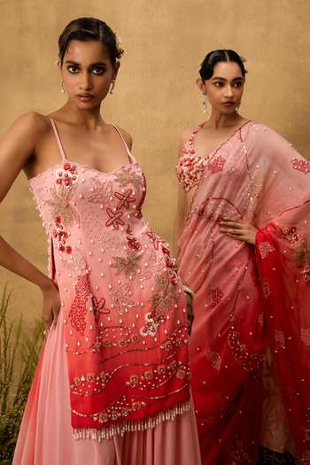 Quench A Thirst Pink Georgette, Taffeta Sweetheart Neck, Yes Hand Embroidered Kurta Set at Aza Fashions Quench A Thirst_Pink Georgette, Taffeta Sweetheart Neck, Yes Hand Embroidered Kurta Set _at_Aza_Fashions
