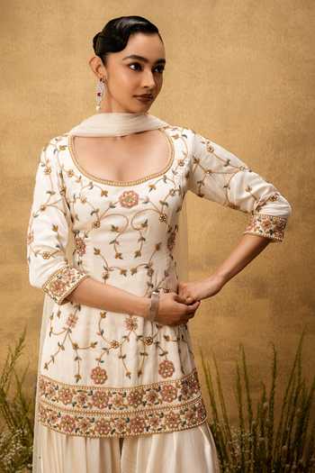 Quench A Thirst Ivory Satin, Net, Modal, Taffeta Scoop Neck Embroidered Kurta Set Online at Aza Fashions Quench A Thirst_Ivory Satin, Net, Modal, Taffeta Scoop Neck Embroidered Kurta Set _Online_at_Aza_Fashions