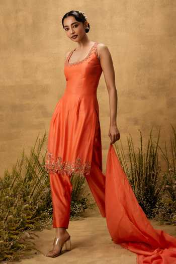 Buy Quench A Thirst Orange Silk, Organza, Chanderi Scoop Neck Embroidered Kurta Set Online at Aza Fashions Buy_Quench A Thirst_Orange Silk, Organza, Chanderi Scoop Neck Embroidered Kurta Set _Online_at_Aza_Fashions