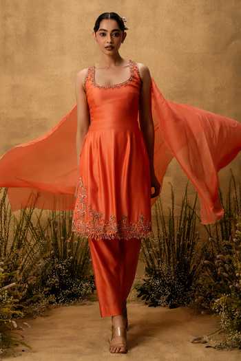 Shop Quench A Thirst Orange Silk, Organza, Chanderi Scoop Neck Embroidered Kurta Set Online at Aza Fashions Shop_Quench A Thirst_Orange Silk, Organza, Chanderi Scoop Neck Embroidered Kurta Set _Online_at_Aza_Fashions
